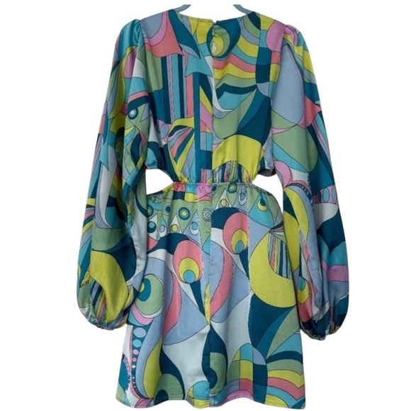 Show Me Your Mumu Go Out Cut Out Mini Dress Go Go Luxe Satin Blue Green XS, M - Picture 5 of 10